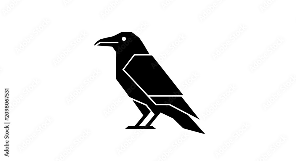 Obraz premium Geometric Black Raven Icon, Minimalist Bird Silhouette on White Background