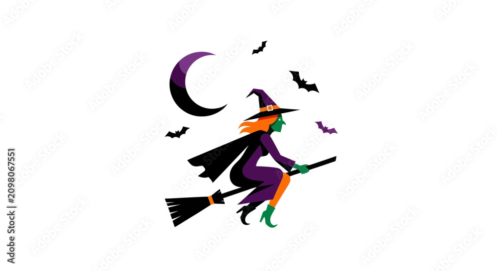 Fototapeta premium Halloween Witch Flying on Broomstick with Moon and Bats, Isolated