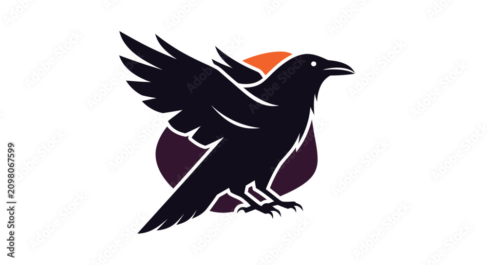 Obraz premium Silhouette of a raven in flight against a sunset circle, isolated on white