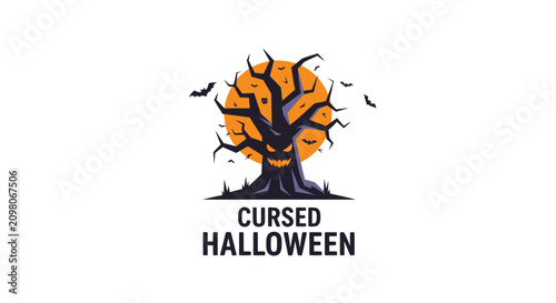 Obraz na płótnie Scary Halloween Tree with Jack-o-Lantern Face and Bats - Isolated