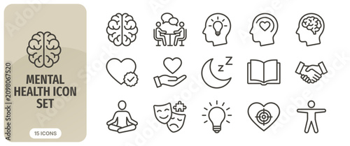 Foto Mental health line icon set vector outline icons for psychology, therapy, medita