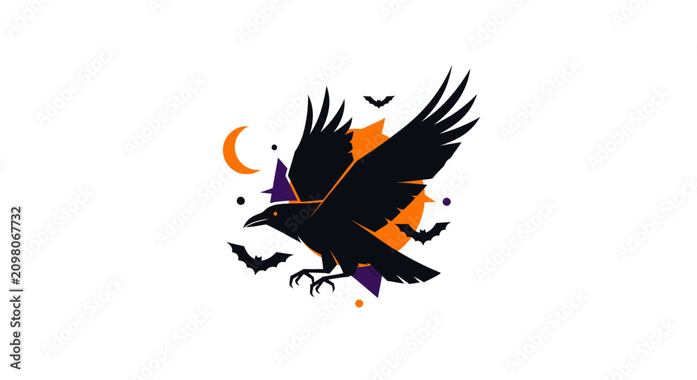 Obraz premium Halloween Raven Flying with Bats and Moon - Spooky Night Graphic