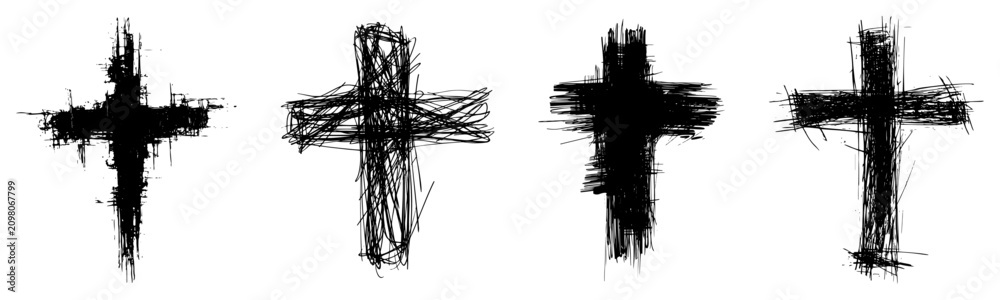 Fototapeta premium Christian cross symbols in expressive hand drawn ink style