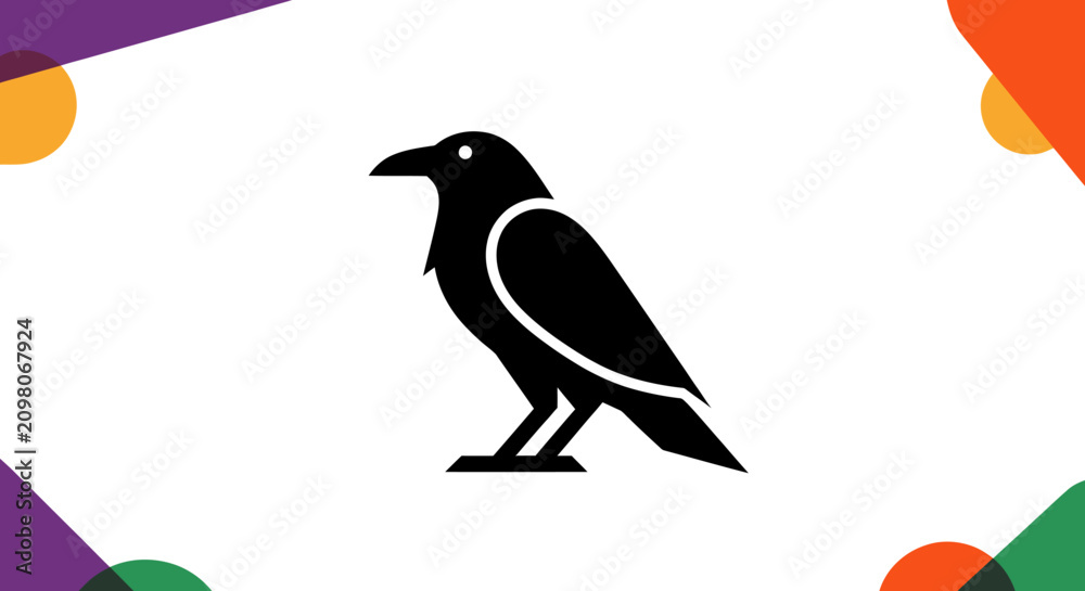 Obraz premium Black Crow Silhouette on White Background with Colorful Shapes