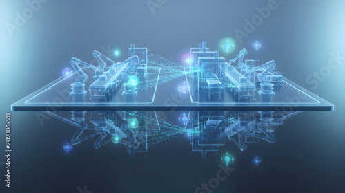 Abstract Digital Twin Simulation Concept with Holographic Factory Floor and Data Nodes