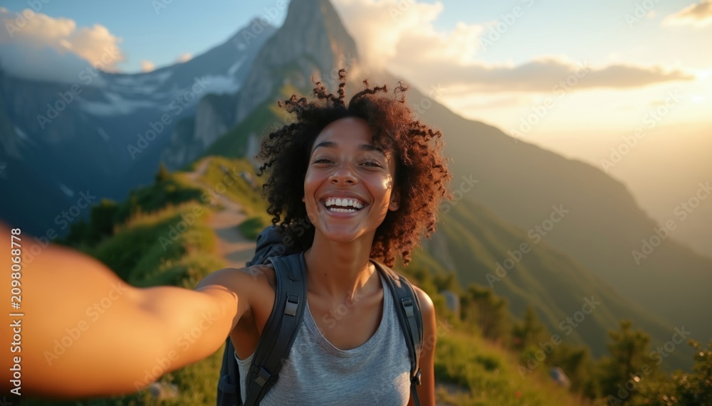 Obraz premium Woman smiles for selfie on mountain path. Female hiker with backpack enjoys scenic vista at sunrise. She walks on trail, feels freedom, shares joy.
