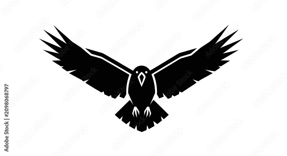 Naklejka premium Black raven bird flying with open wings, isolated on white background, vector silhouette
