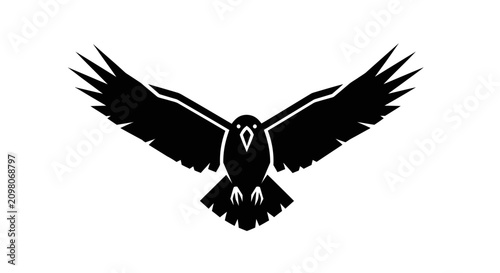 Foto Black raven bird flying with open wings, isolated on white background, vector si