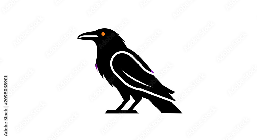 Obraz premium Stylized Black Crow Bird with Orange Eyes Isolated on White Background