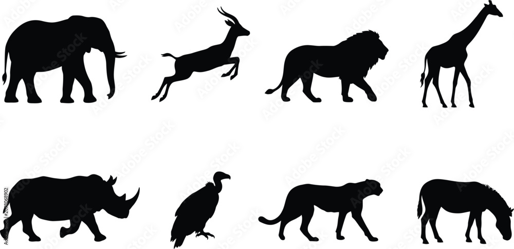 Fototapeta premium African Wildlife Animal Silhouettes Collection Featuring Elephant, Lion, Giraffe, Zebra, and Other Iconic Species