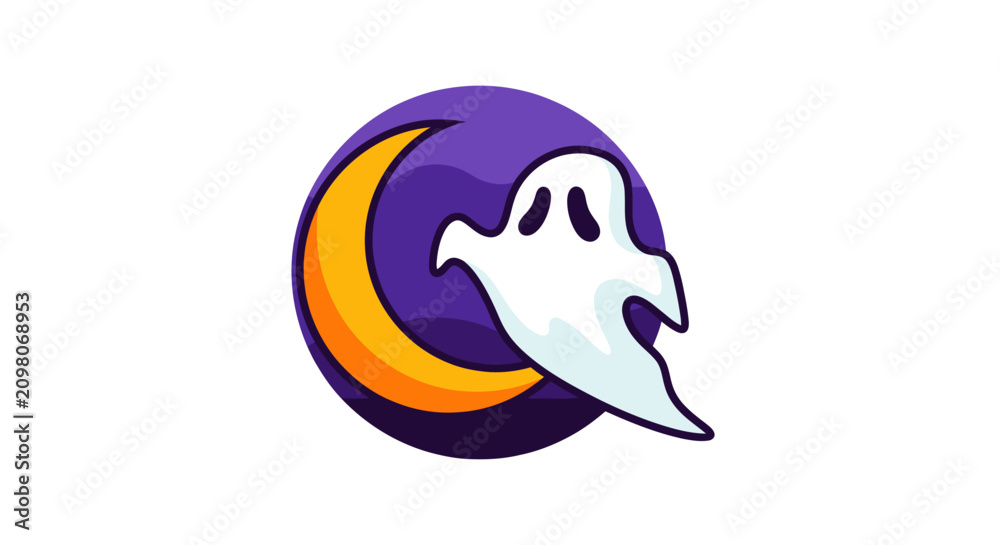 Fototapeta premium Cute ghost with crescent moon and night sky illustration, cartoon style