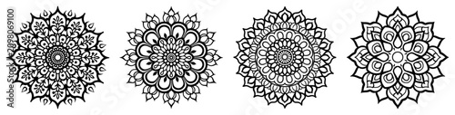 Mandala circular ornaments and sacred geometry patterns in clean line art style