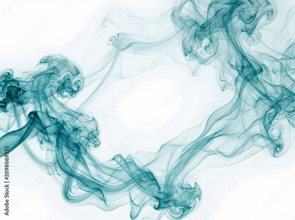 Fototapeta premium Teal smoke swirls, misty tendrils, abstract fog shapes, wispy cloud forms, ethereal vapor