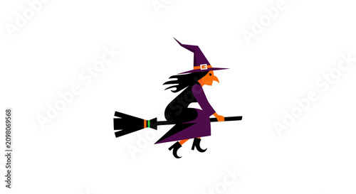 Fotografía Halloween Witch Flying on Broomstick, Isolated on White Background