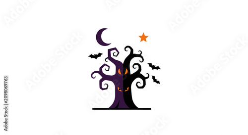 фотографія Spooky Halloween Tree with Bats, Moon, and Star - Isolated Graphic
