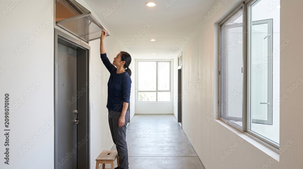 Fototapeta premium Screened Ventilation Setup in Urban Apartment Corridor Interior