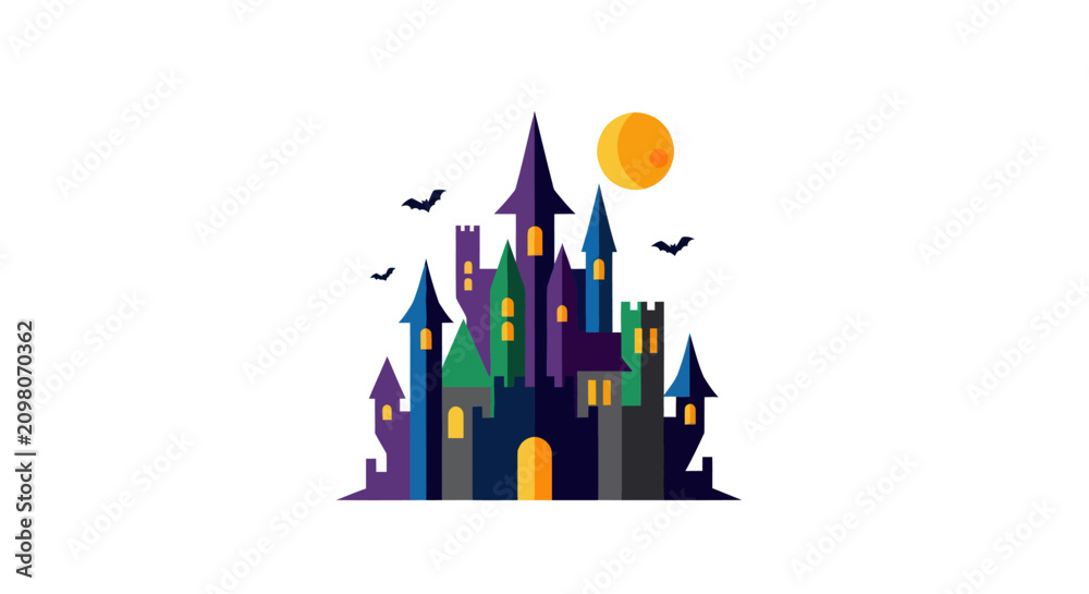 Naklejka premium Spooky Castle with Bats and Moon, Halloween Illustration