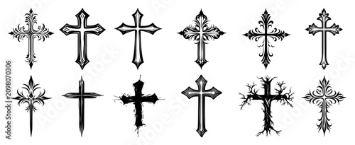 Ornate Christian crosses collection in decorative gothic and tribal style