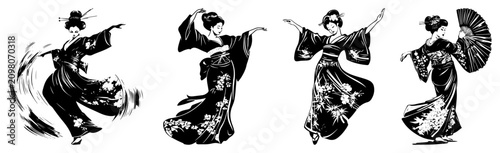 Obraz na płótnie Japanese geisha women dancing in traditional floral kimonos with fans
