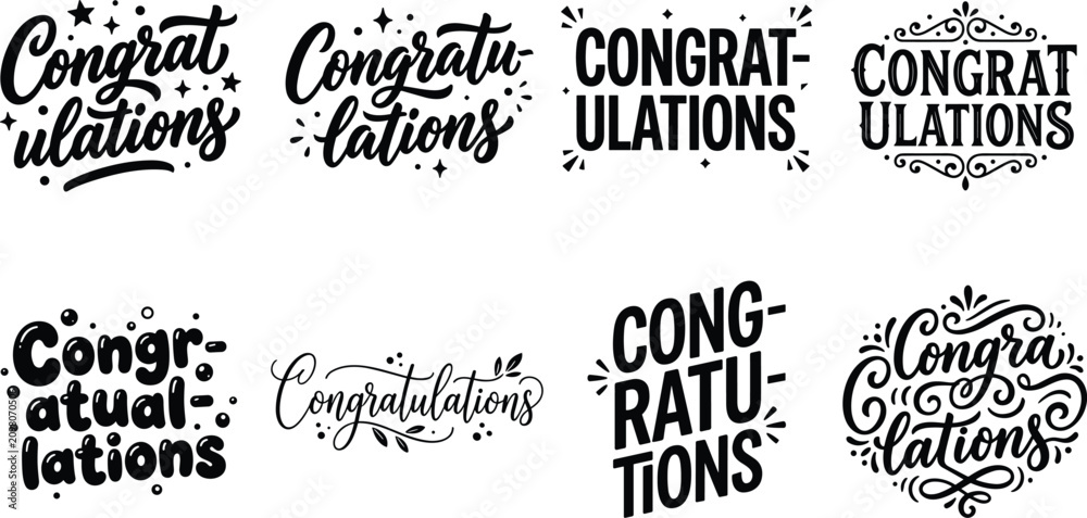 Obraz premium Congratulations Typography Designs with Decorative Fonts, Stars, and Swirls for Celebration and Greeting Graphics