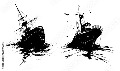 Foto Sinking ship wreckages stranded near shoreline in high contrast ink style