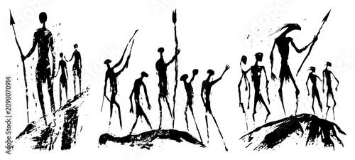 Fotografie Prehistoric hunters with spears in ancient cave painting style