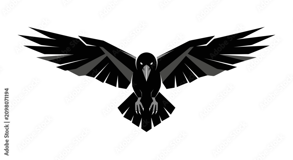 Obraz premium Stylized black crow with spread wings isolated on white background.