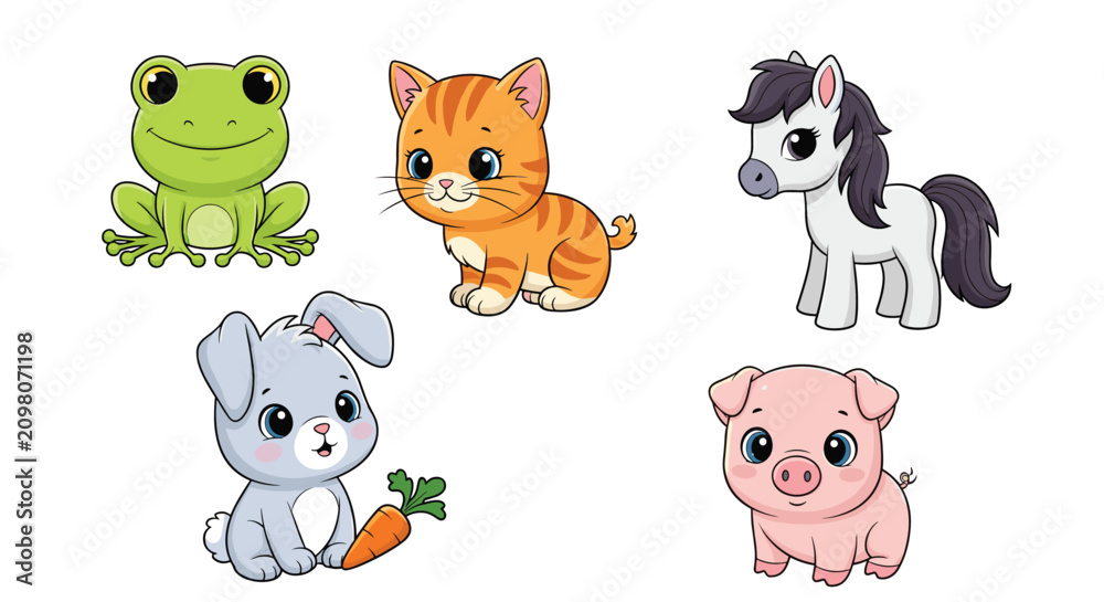 Fototapeta premium Cute cartoon baby animals collection featuring green frog orange kitten pony rabbit with carrot and pink pig.