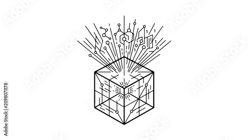 Hand-drawn cube with bursting lines emerging from the top to represent creativity, ideas, or innovation in a business or startup context.