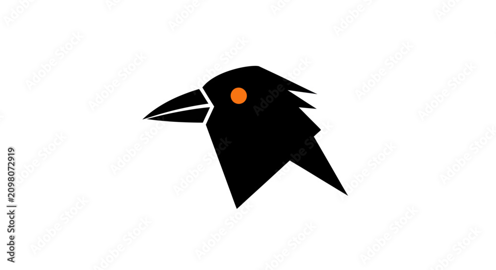 Fototapeta premium Stylized black crow head logo with orange eye on white background