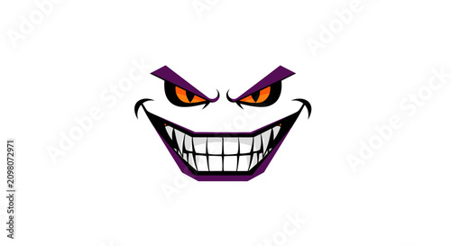 Cuadro en lienzo Evil Grinning Face with Sharp Teeth, Orange Eyes, and Purple Accents on White