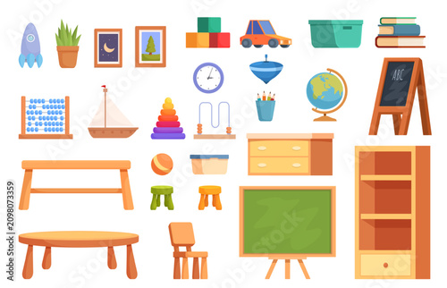Preschool furniture. Plastic and wooden accessories, toys, decoration. Isolated shelf, stools and chair, desk, pictures and chalkboard, sapid vector elements