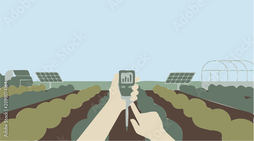 Smart Farming: Hands Using Soil Meter in Agricultural Field with Solar Panels