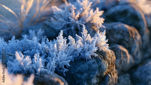 Crystal clear hoarfrost coating delicate natural stone surfaces with intricate ice needles beneath cool morning illumination premium winter macro composition