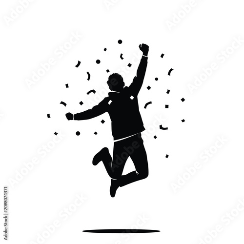 Fotografija Jumping person with confetti black silhouette man