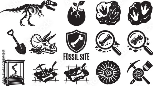 Bild auf Leinwand Set of black and white dinosaur fossil icon collection for archaeology and paleo