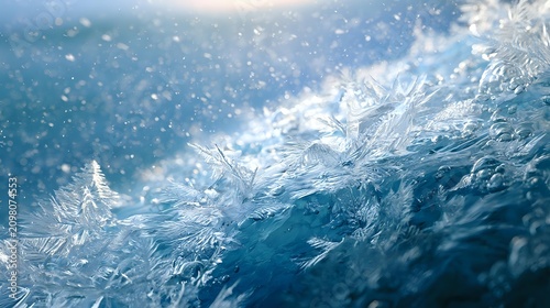 Elegant polar composition combining glacier textures frost dendrites transparent ice compressed air bubbles and soft atmospheric snowfall creating premium commercial winter background