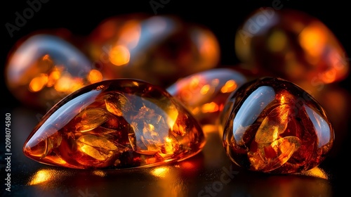 Extreme macro of botanical resin forming translucent amber droplets with delicate internal inclusions illuminated by warm professional lighting premium organic abstract
