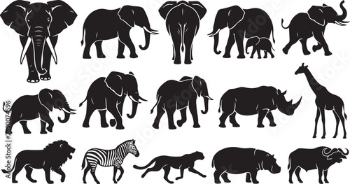 Canvas Print Set of black silhouettes of african wild animals like elephants lions giraffe rh