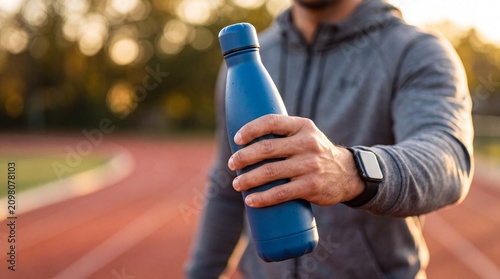 A man in athletic wear holds a blue water bottle on a running track at sunset