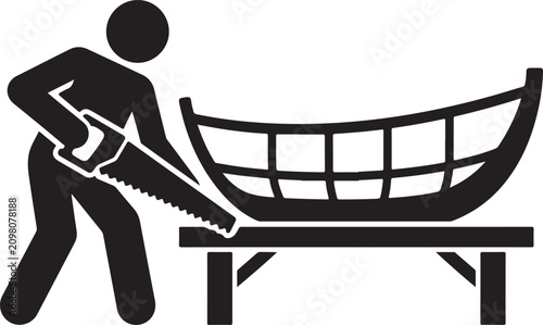 Bild auf Leinwand Boat building craftsman icon, carpenter using hand saw on wooden ship frame