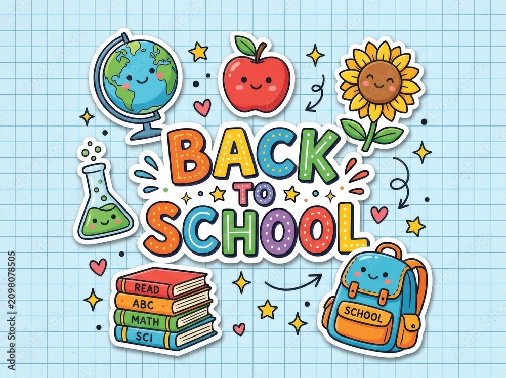 Naklejka premium Cute back to school stickers set with school supplies and globe
