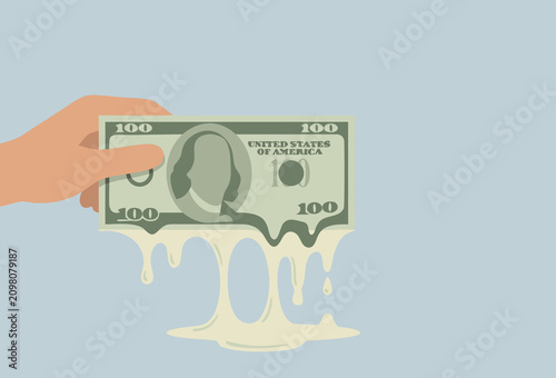 Melting money banknote concept, inflation economy, copy space