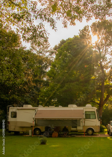 An RV is parked on a grassy patch surrounded by tall trees. Sunlight filters through the branches, creating a warm, peaceful atmosphere.