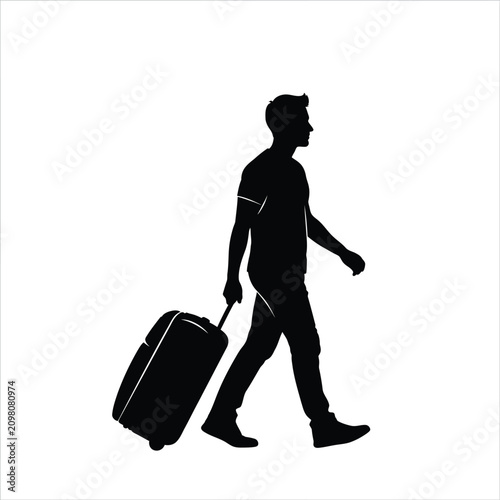 Εκτύπωση καμβά Man With Rolling Suitcase Walking Black Silhouette