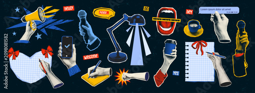 Trendy halftone collage elements featuring hand, megaphone, microphone, smartphone, coffee cup, notebook, speech bubbles and paper scraps. Retro pop art for social media.