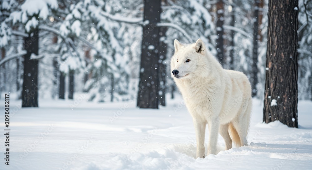 Fototapeta premium Majestic white wolf standing in deep snow in a cold wild forest, pristine winter nature scene, cold landscape, snow, wild, ecology