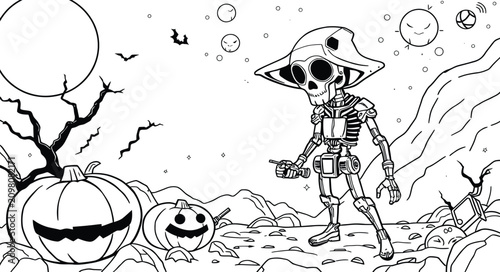 Foto Spooky skeleton character with pumpkins and moon in a desolate landscape vector