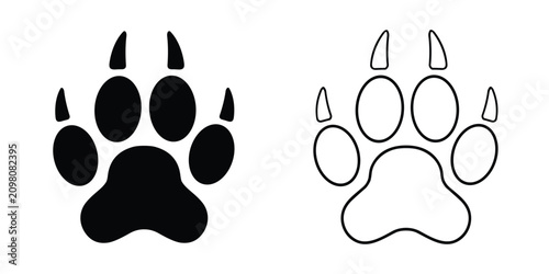 Two animal paw print one solid black silhouette and one black outline, featuring four toes and sharp claws on a white background