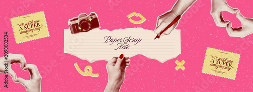 Bright halftone collage composition with torn paper note, hand gestures, pen, love stamp and decorative elements on a vibrant pink background. Retro pop art design with copy space for greeting card.